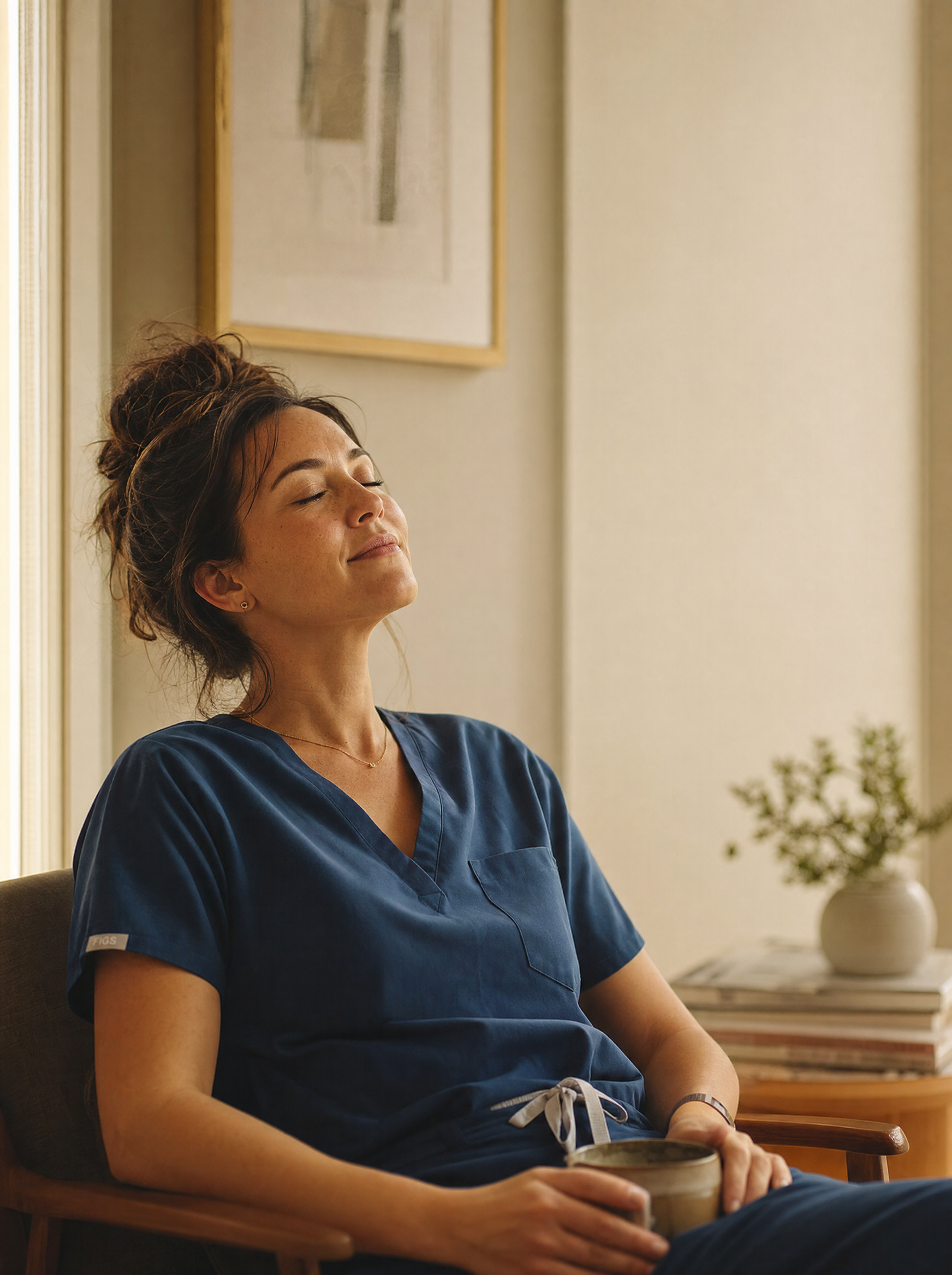 A nurse taking a calm, restful breath off shift, holding a warm mug by a sunlit window.